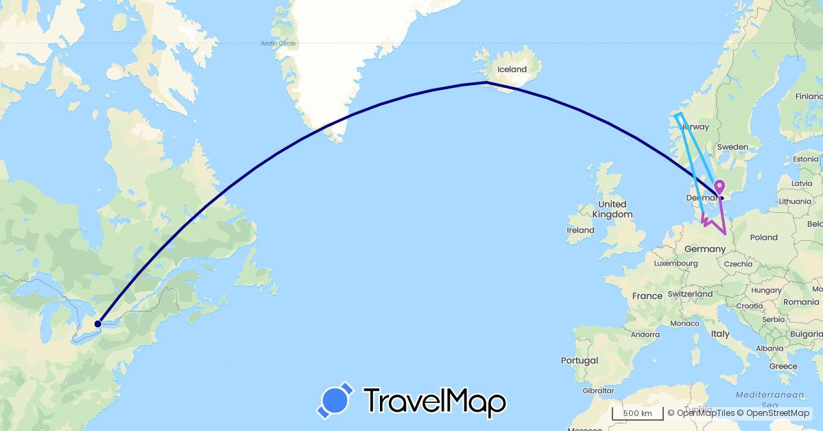 TravelMap itinerary: driving, train, boat in Canada, Germany, Denmark, Iceland, Norway, Sweden (Europe, North America)